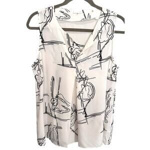 Ecru Sleeveless Silk Blouse White Black Graphic Nude Silhouettes Sz M READ
